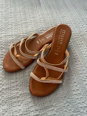 Italian Shoemakers Tan Slide Sandals with Crystal-Strapped Detail